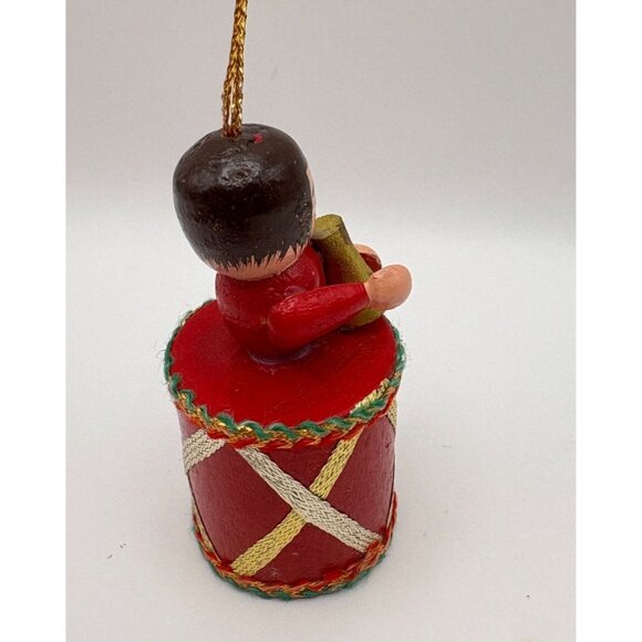 Vintage Wooden Drummer Boy Christmas Tree Ornament Red Drum & Gold Horn - Picture 6 of 8